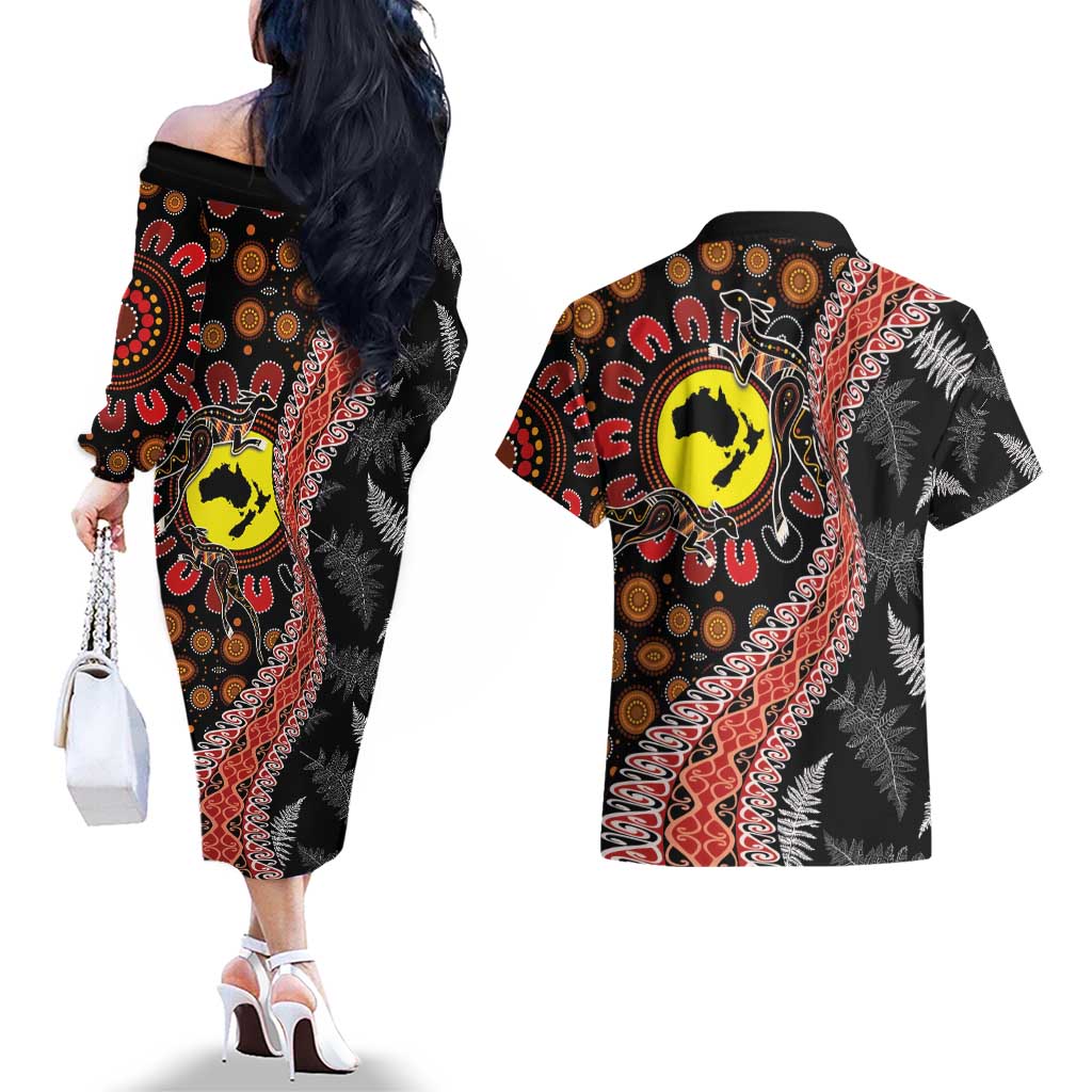 Aotearoa and Australia Couples Matching Off The Shoulder Long Sleeve Dress and Hawaiian Shirt Maori Koru Ferns With Aboriginal Kangaroo