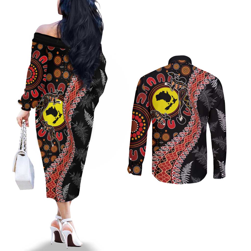 Aotearoa and Australia Couples Matching Off The Shoulder Long Sleeve Dress and Long Sleeve Button Shirt Maori Koru Ferns With Aboriginal Kangaroo