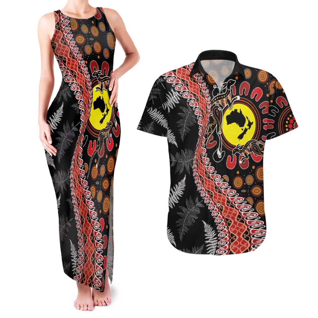 Aotearoa and Australia Couples Matching Tank Maxi Dress and Hawaiian Shirt Maori Koru Ferns With Aboriginal Kangaroo