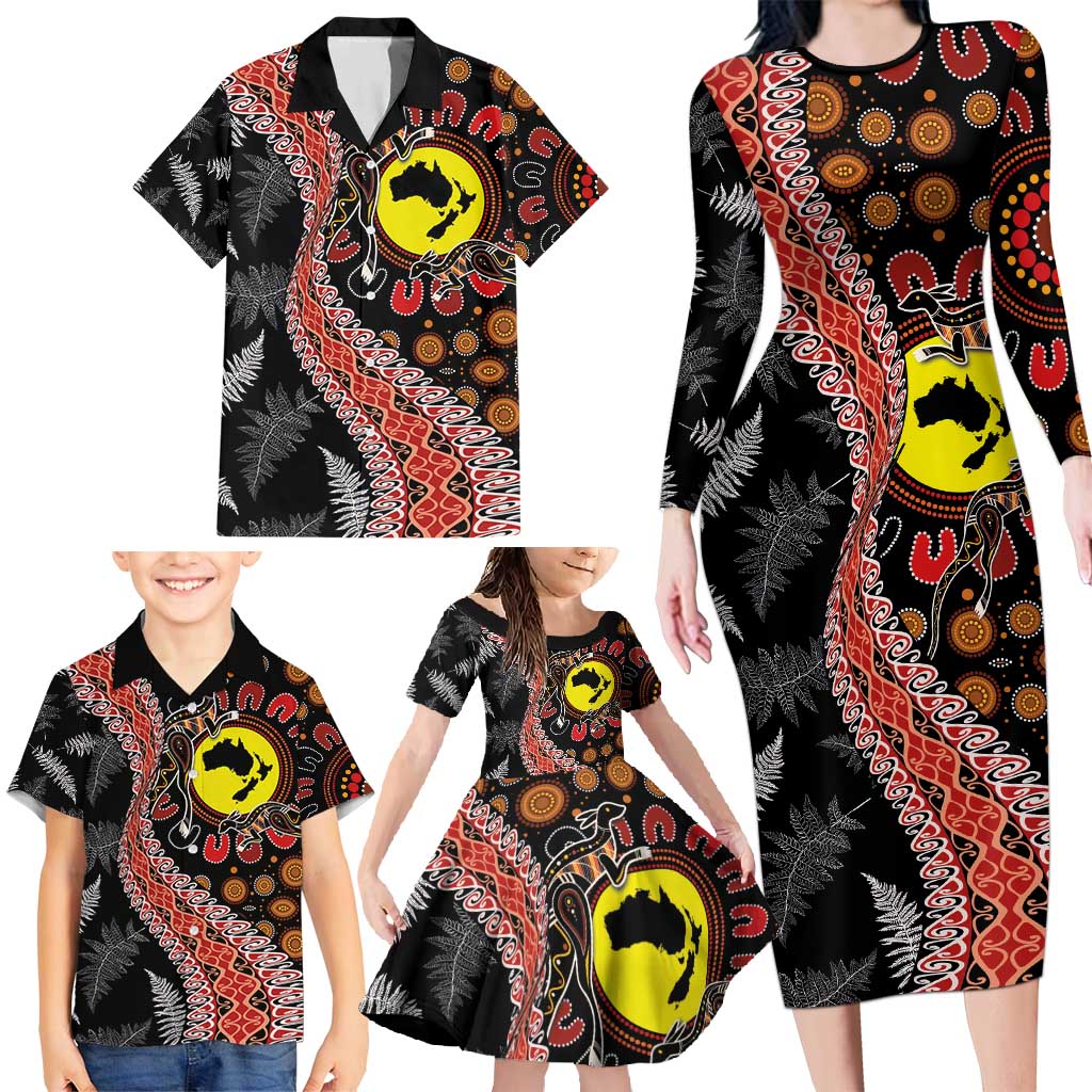 Aotearoa and Australia Family Matching Long Sleeve Bodycon Dress and Hawaiian Shirt Maori Koru Ferns With Aboriginal Kangaroo LT03 - Polynesian Pride
