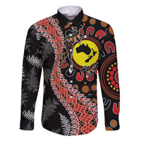 Aotearoa and Australia Family Matching Long Sleeve Bodycon Dress and Hawaiian Shirt Maori Koru Ferns With Aboriginal Kangaroo LT03 Dad's Shirt - Long Sleeve Black - Polynesian Pride