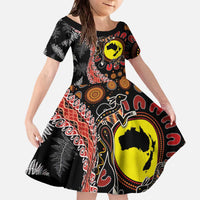 Aotearoa and Australia Family Matching Off The Shoulder Long Sleeve Dress and Hawaiian Shirt Maori Koru Ferns With Aboriginal Kangaroo LT03 Daughter's Dress Black - Polynesian Pride