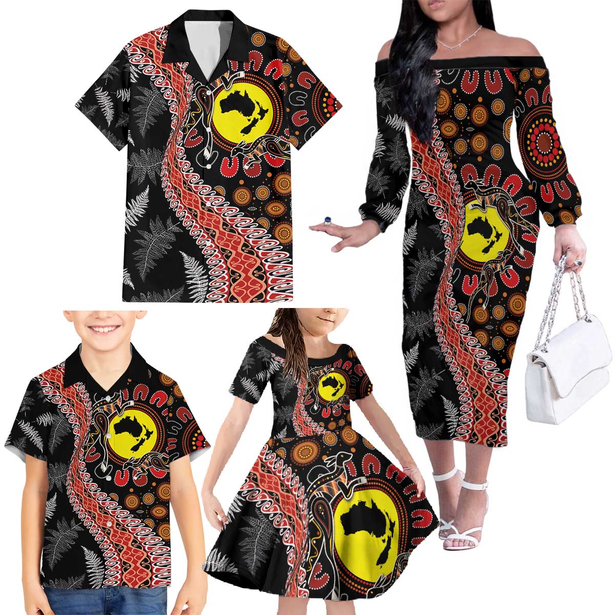 Aotearoa and Australia Family Matching Off The Shoulder Long Sleeve Dress and Hawaiian Shirt Maori Koru Ferns With Aboriginal Kangaroo LT03 - Polynesian Pride