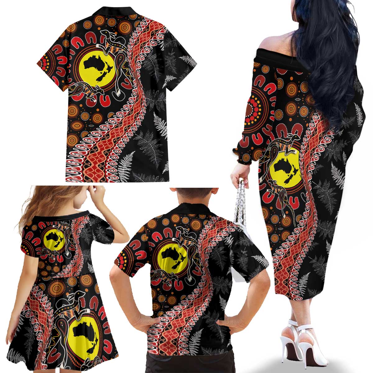 Aotearoa and Australia Family Matching Off The Shoulder Long Sleeve Dress and Hawaiian Shirt Maori Koru Ferns With Aboriginal Kangaroo LT03 - Polynesian Pride