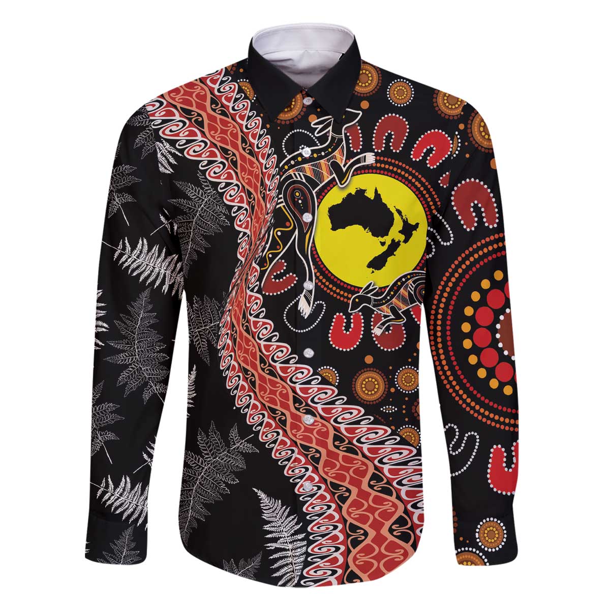 Aotearoa and Australia Family Matching Off The Shoulder Long Sleeve Dress and Hawaiian Shirt Maori Koru Ferns With Aboriginal Kangaroo LT03 Dad's Shirt - Long Sleeve Black - Polynesian Pride