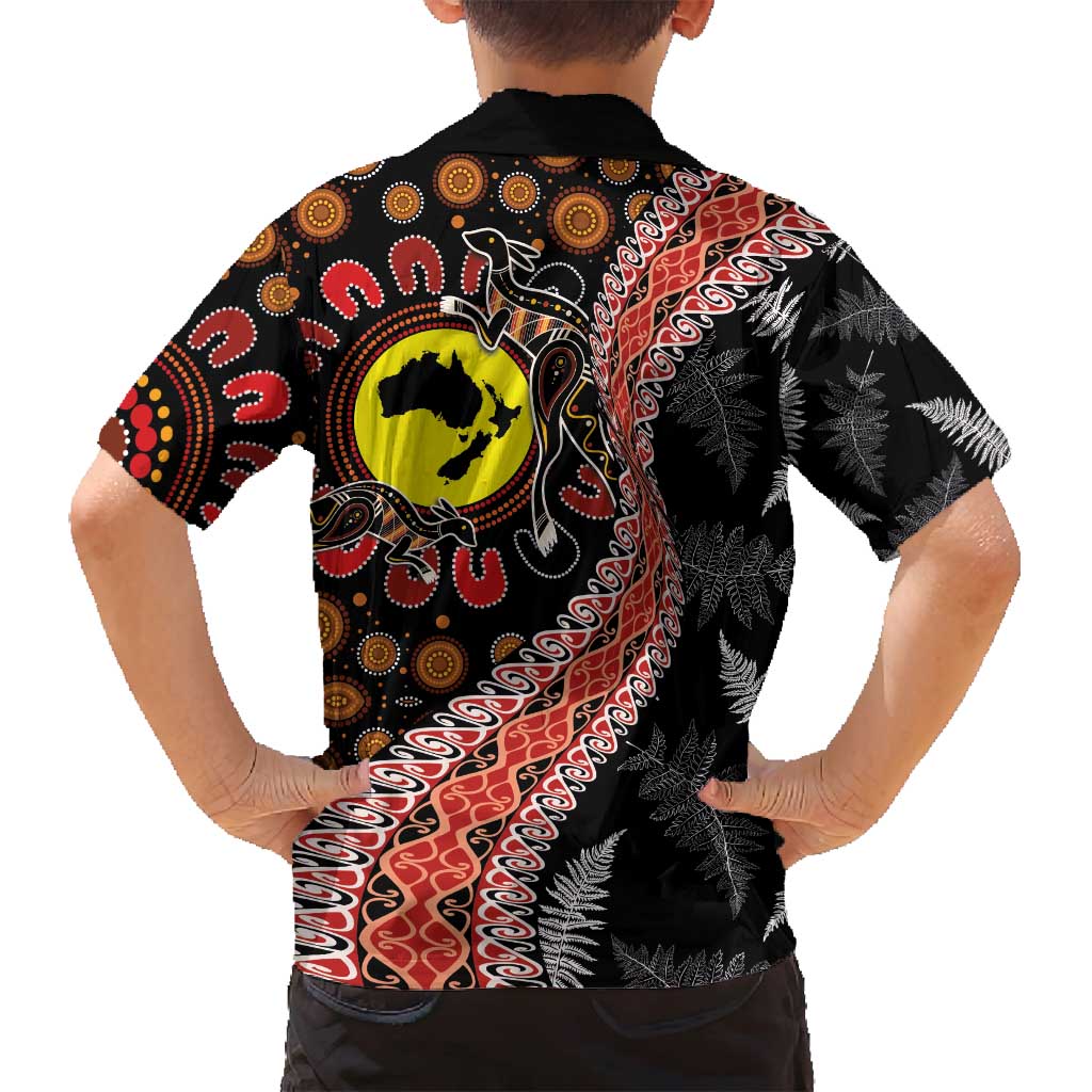 Aotearoa and Australia Family Matching Off Shoulder Maxi Dress and Hawaiian Shirt Maori Koru Ferns With Aboriginal Kangaroo LT03 - Polynesian Pride