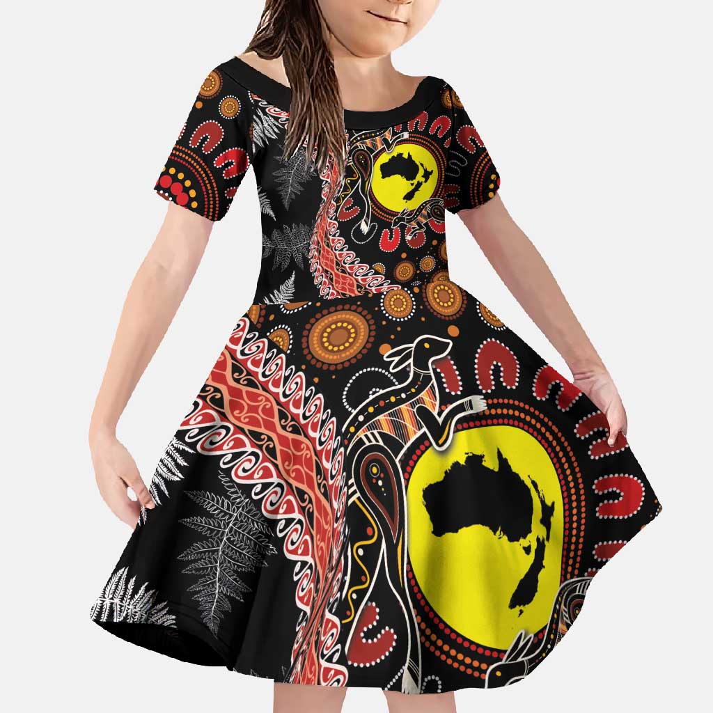Aotearoa and Australia Family Matching Off Shoulder Maxi Dress and Hawaiian Shirt Maori Koru Ferns With Aboriginal Kangaroo LT03 Daughter's Dress Black - Polynesian Pride