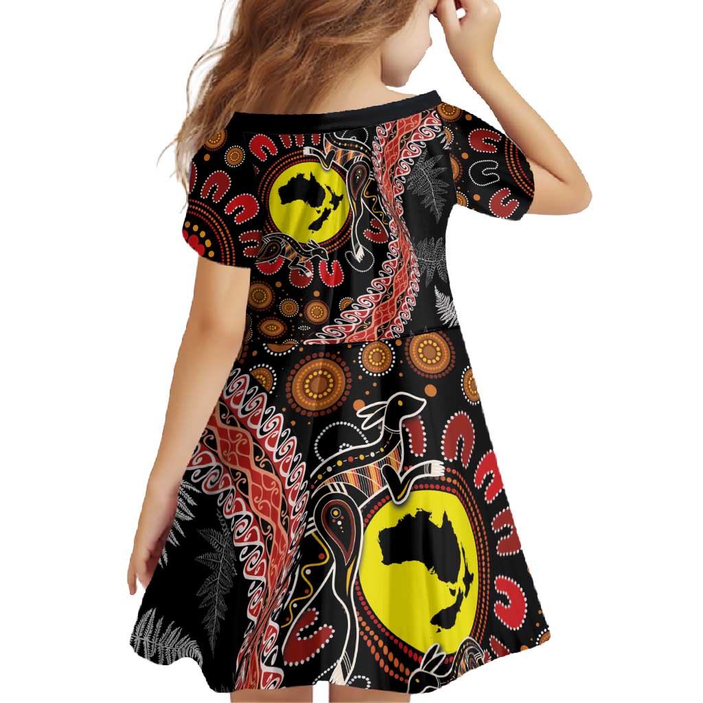 Aotearoa and Australia Family Matching Off Shoulder Maxi Dress and Hawaiian Shirt Maori Koru Ferns With Aboriginal Kangaroo LT03 - Polynesian Pride
