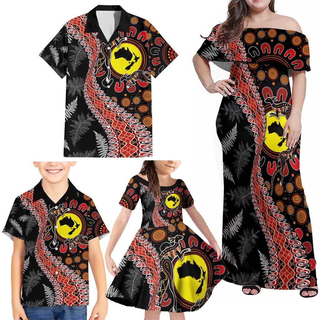 Aotearoa and Australia Family Matching Off Shoulder Maxi Dress and Hawaiian Shirt Maori Koru Ferns With Aboriginal Kangaroo LT03 - Polynesian Pride