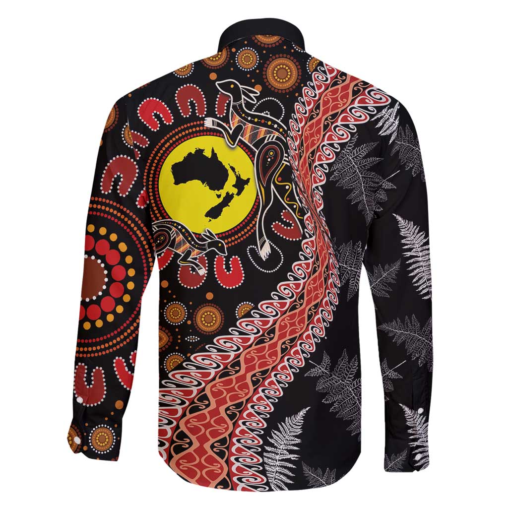 Aotearoa and Australia Family Matching Off Shoulder Maxi Dress and Hawaiian Shirt Maori Koru Ferns With Aboriginal Kangaroo LT03 - Polynesian Pride