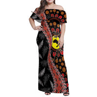 Aotearoa and Australia Family Matching Off Shoulder Maxi Dress and Hawaiian Shirt Maori Koru Ferns With Aboriginal Kangaroo LT03 Mom's Dress Black - Polynesian Pride