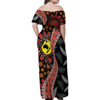 Aotearoa and Australia Family Matching Off Shoulder Maxi Dress and Hawaiian Shirt Maori Koru Ferns With Aboriginal Kangaroo LT03 - Polynesian Pride