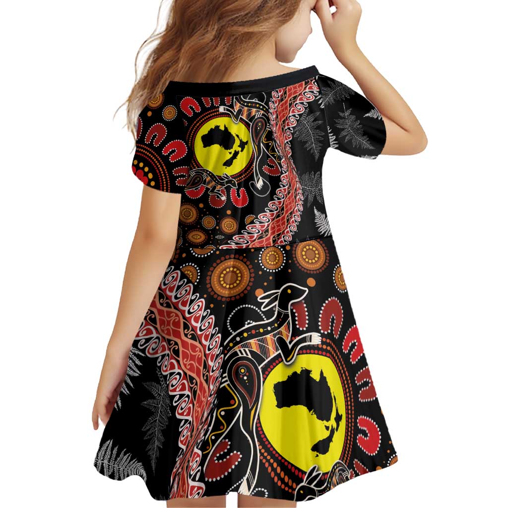 Aotearoa and Australia Family Matching Off Shoulder Short Dress and Hawaiian Shirt Maori Koru Ferns With Aboriginal Kangaroo LT03 - Polynesian Pride