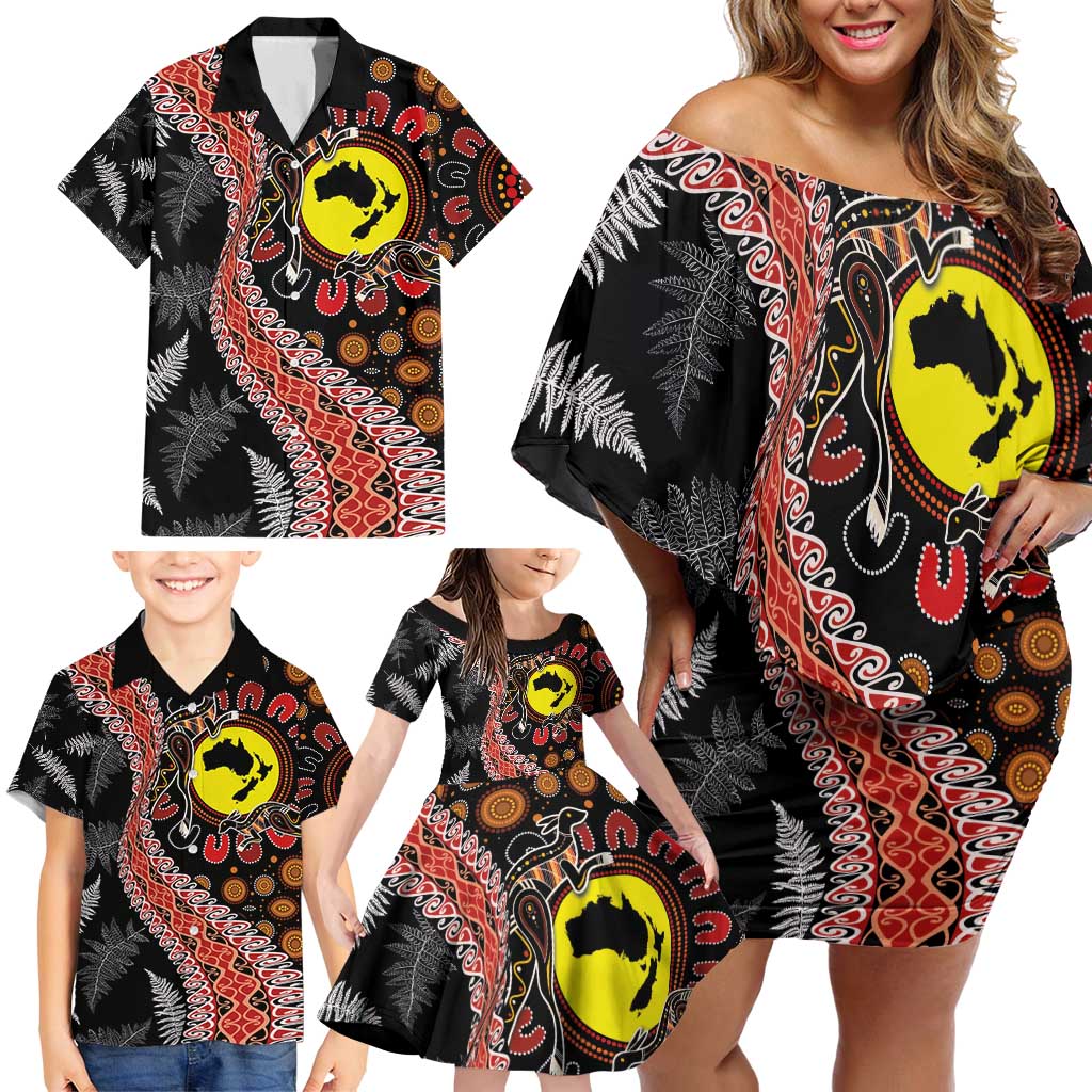 Aotearoa and Australia Family Matching Off Shoulder Short Dress and Hawaiian Shirt Maori Koru Ferns With Aboriginal Kangaroo LT03 - Polynesian Pride