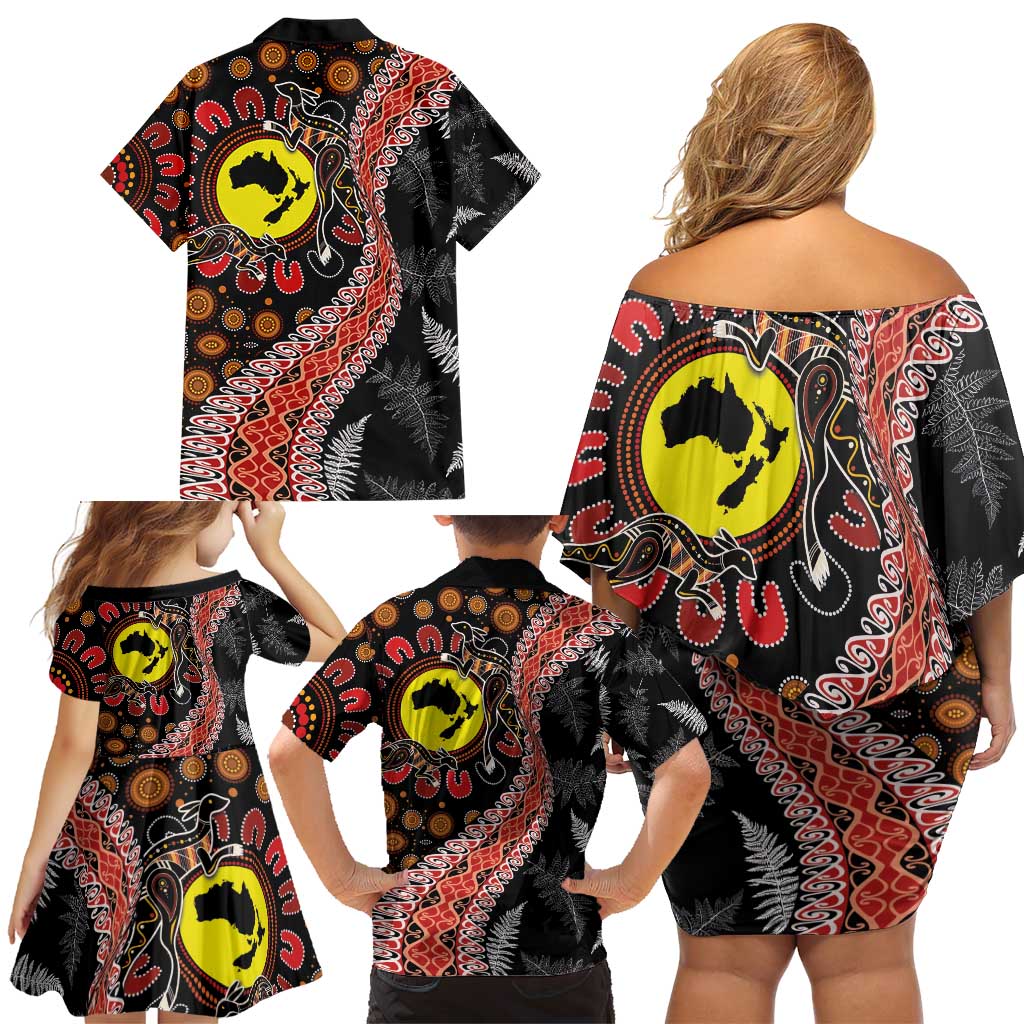 Aotearoa and Australia Family Matching Off Shoulder Short Dress and Hawaiian Shirt Maori Koru Ferns With Aboriginal Kangaroo LT03 - Polynesian Pride