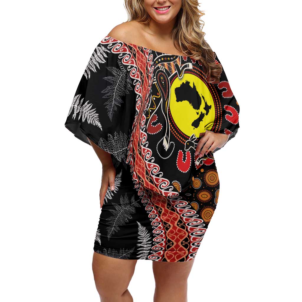Aotearoa and Australia Family Matching Off Shoulder Short Dress and Hawaiian Shirt Maori Koru Ferns With Aboriginal Kangaroo LT03 Mom's Dress Black - Polynesian Pride