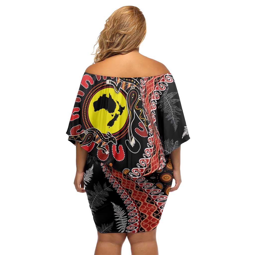 Aotearoa and Australia Family Matching Off Shoulder Short Dress and Hawaiian Shirt Maori Koru Ferns With Aboriginal Kangaroo LT03 - Polynesian Pride