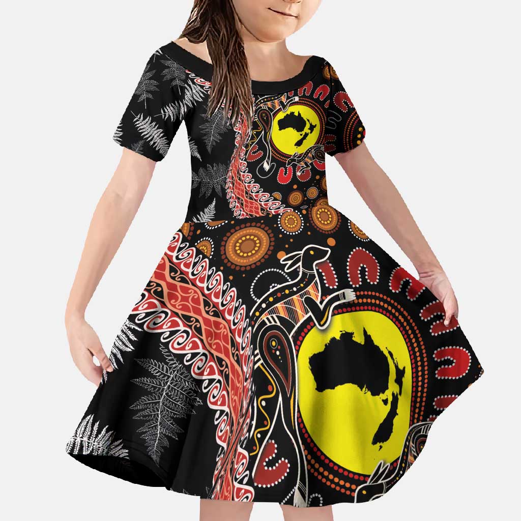Aotearoa and Australia Family Matching Short Sleeve Bodycon Dress and Hawaiian Shirt Maori Koru Ferns With Aboriginal Kangaroo LT03 Daughter's Dress Black - Polynesian Pride