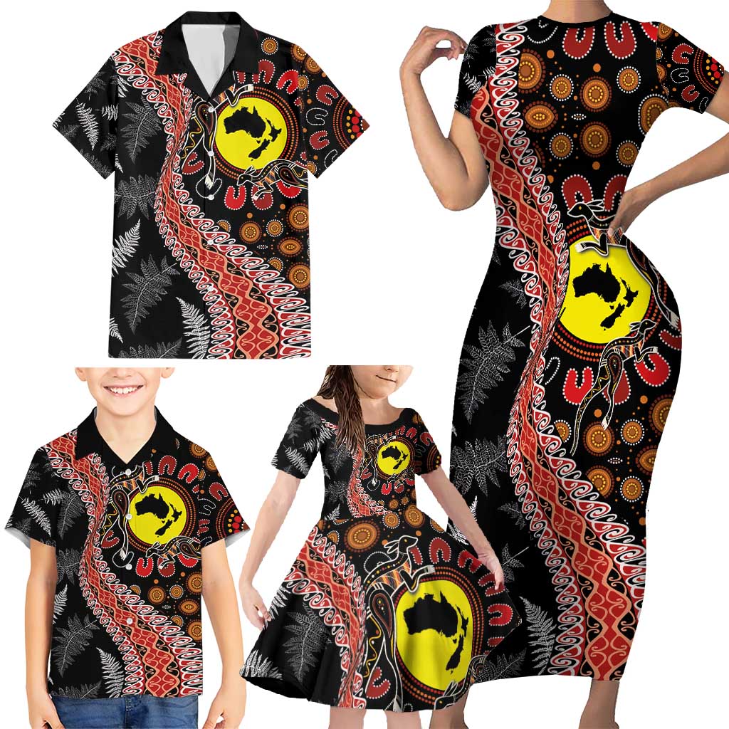 Aotearoa and Australia Family Matching Short Sleeve Bodycon Dress and Hawaiian Shirt Maori Koru Ferns With Aboriginal Kangaroo LT03 - Polynesian Pride