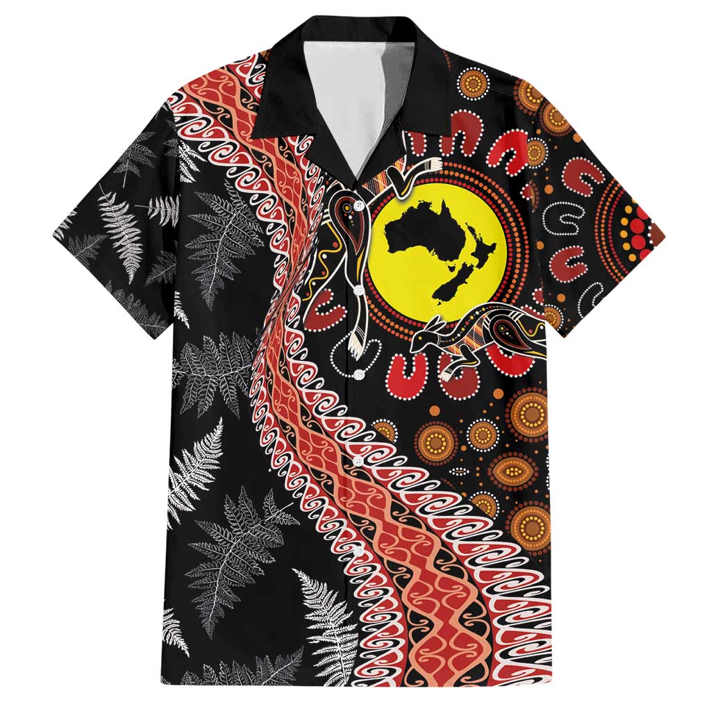 Aotearoa and Australia Family Matching Short Sleeve Bodycon Dress and Hawaiian Shirt Maori Koru Ferns With Aboriginal Kangaroo LT03 Dad's Shirt - Short Sleeve Black - Polynesian Pride