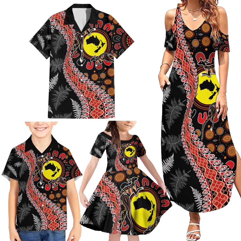 Aotearoa and Australia Family Matching Summer Maxi Dress and Hawaiian Shirt Maori Koru Ferns With Aboriginal Kangaroo LT03 - Polynesian Pride
