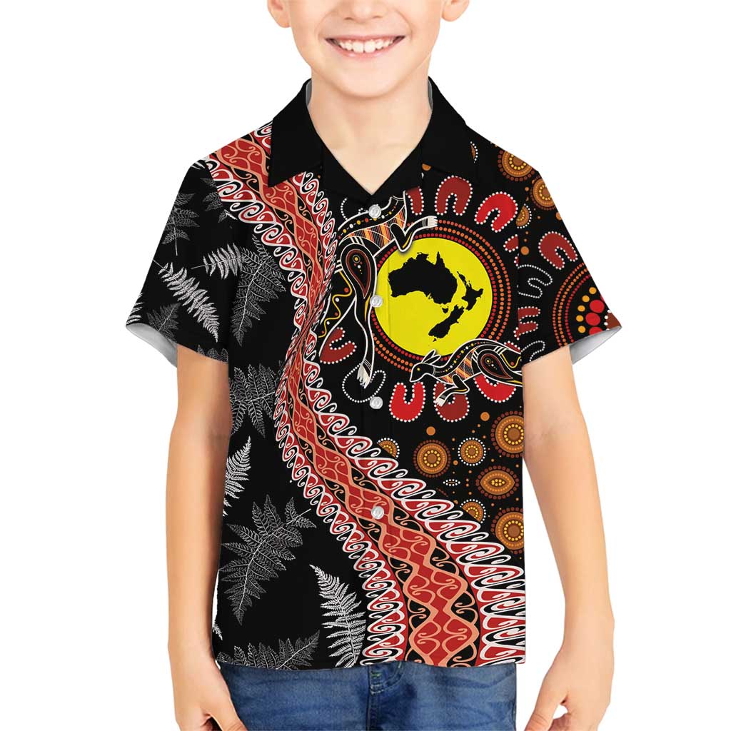 Aotearoa and Australia Family Matching Summer Maxi Dress and Hawaiian Shirt Maori Koru Ferns With Aboriginal Kangaroo LT03 Son's Shirt Black - Polynesian Pride