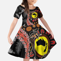 Aotearoa and Australia Family Matching Tank Maxi Dress and Hawaiian Shirt Maori Koru Ferns With Aboriginal Kangaroo LT03 Daughter's Dress Black - Polynesian Pride