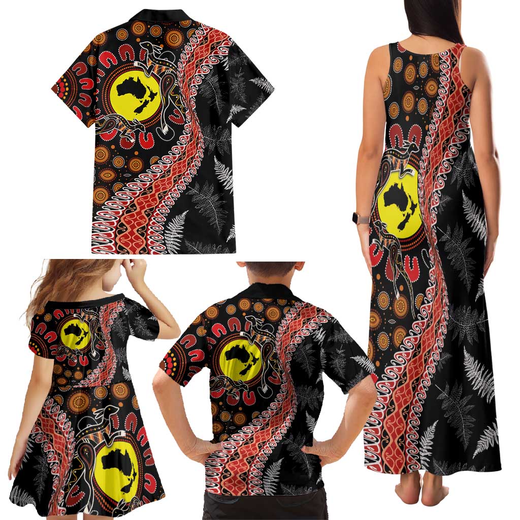 Aotearoa and Australia Family Matching Tank Maxi Dress and Hawaiian Shirt Maori Koru Ferns With Aboriginal Kangaroo LT03 - Polynesian Pride
