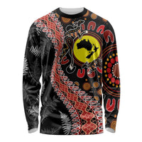 Aotearoa and Australia Long Sleeve Shirt Maori Koru Ferns With Aboriginal Kangaroo LT03 Unisex Black - Polynesian Pride