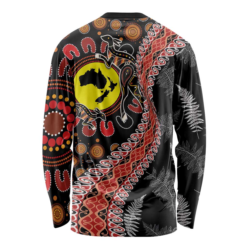 Aotearoa and Australia Long Sleeve Shirt Maori Koru Ferns With Aboriginal Kangaroo LT03 - Polynesian Pride