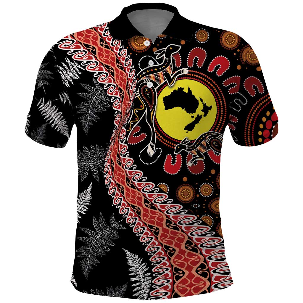 Aotearoa and Australia Polo Shirt Maori Koru Ferns With Aboriginal Kangaroo