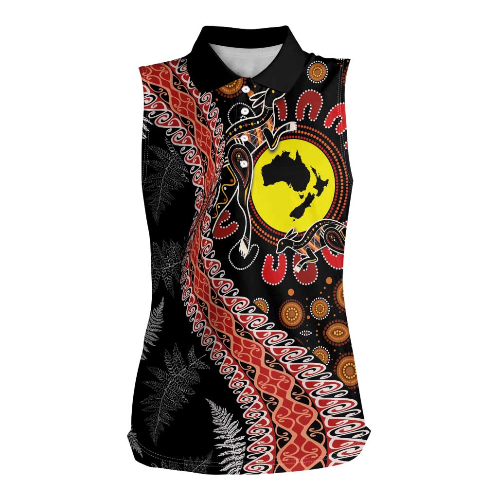 Aotearoa and Australia Women Sleeveless Polo Shirt Maori Koru Ferns With Aboriginal Kangaroo