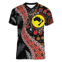 Aotearoa and Australia Women V-Neck T-Shirt Maori Koru Ferns With Aboriginal Kangaroo