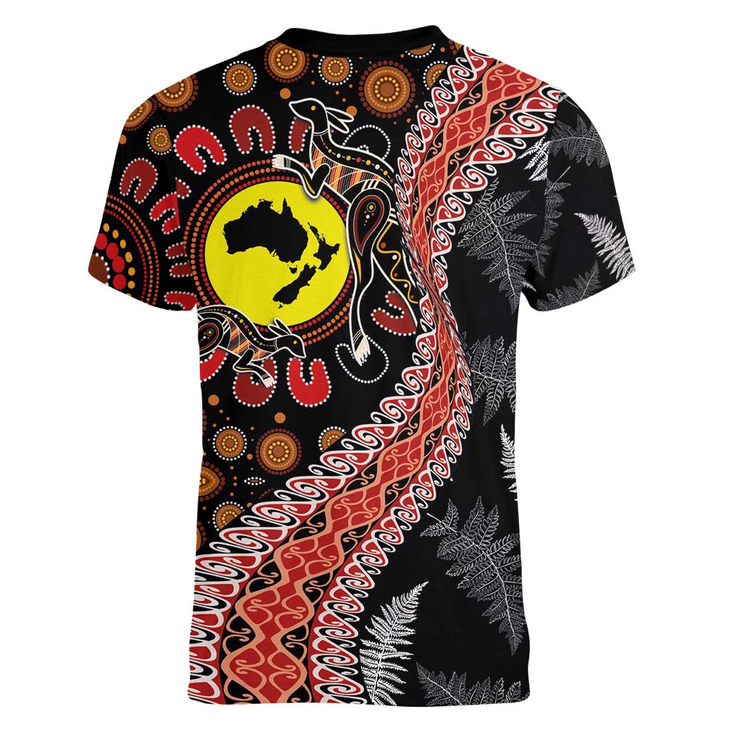 Aotearoa and Australia Women V-Neck T-Shirt Maori Koru Ferns With Aboriginal Kangaroo