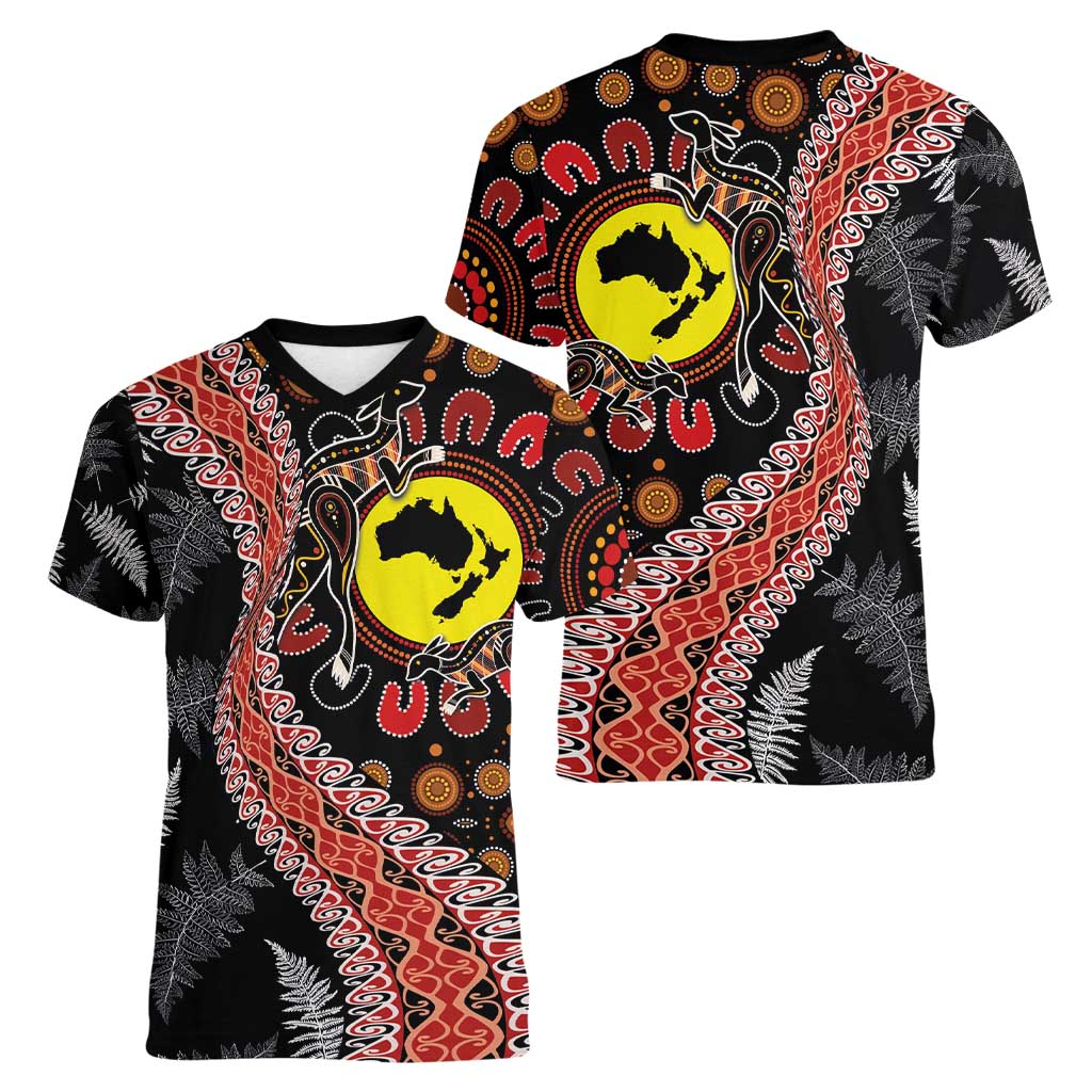 Aotearoa and Australia Women V-Neck T-Shirt Maori Koru Ferns With Aboriginal Kangaroo