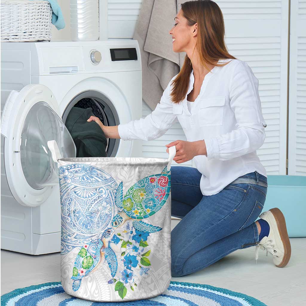 Hawaiian Couple Turtles Honi Laundry Basket Polynesian Art Motifs and Hibiscus White Blue Color - Polynesian Pride