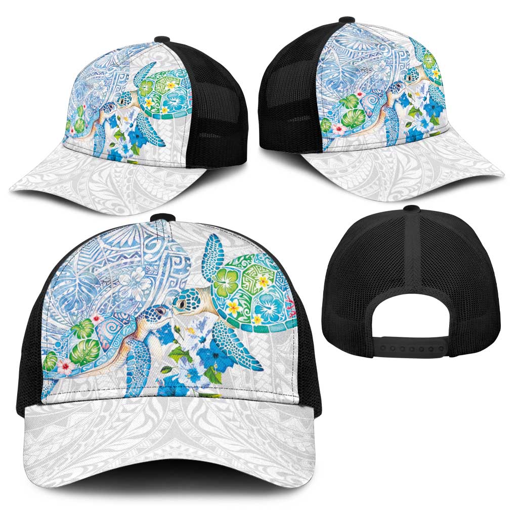 Hawaiian Couple Turtles Honi Baseball Net Cap Polynesian Art Motifs and Hibiscus White Blue Color - Polynesian Pride