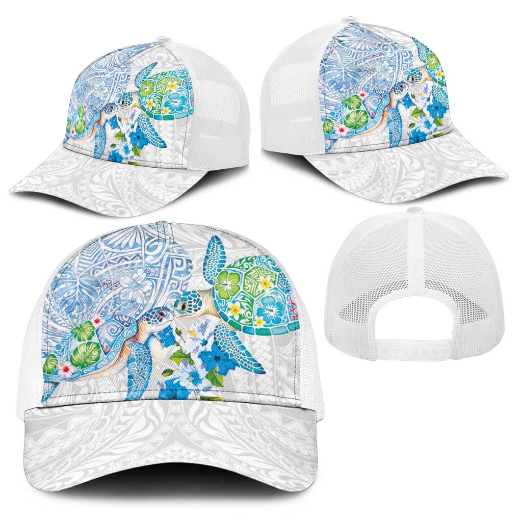 Hawaiian Couple Turtles Honi Baseball Net Cap Polynesian Art Motifs and Hibiscus White Blue Color - Polynesian Pride