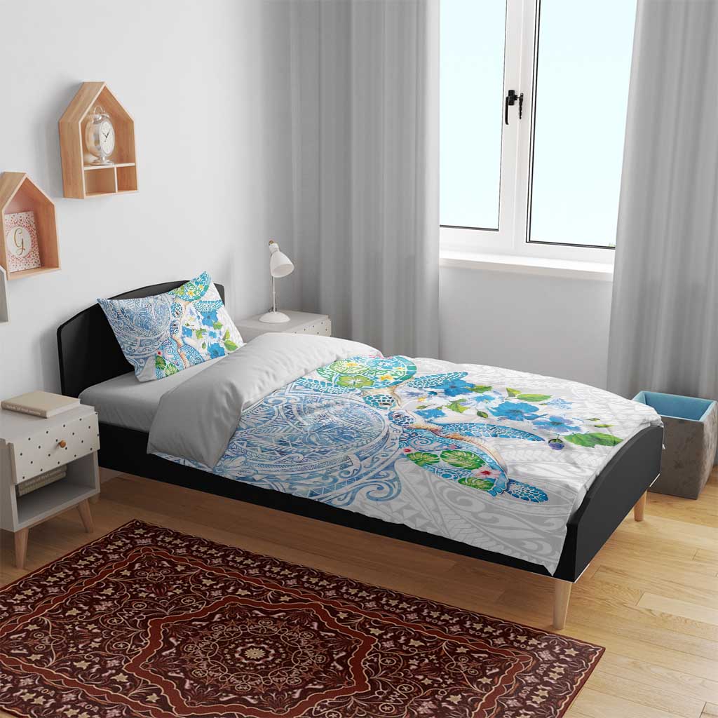 Hawaiian Couple Turtles Honi Bedding Set Polynesian Art Motifs and Hibiscus White Blue Color - Polynesian Pride