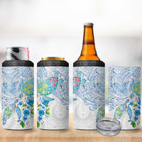 Hawaiian Couple Turtles Honi 4 in 1 Can Cooler Tumbler Polynesian Art Motifs and Hibiscus White Blue Color LT03 - Polynesian Pride