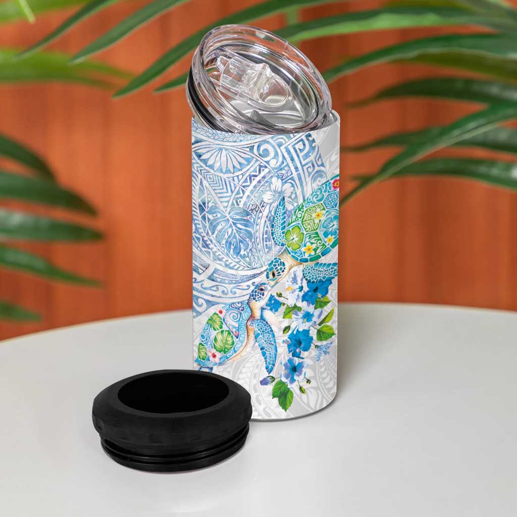 Hawaiian Couple Turtles Honi 4 in 1 Can Cooler Tumbler Polynesian Art Motifs and Hibiscus White Blue Color LT03 - Polynesian Pride