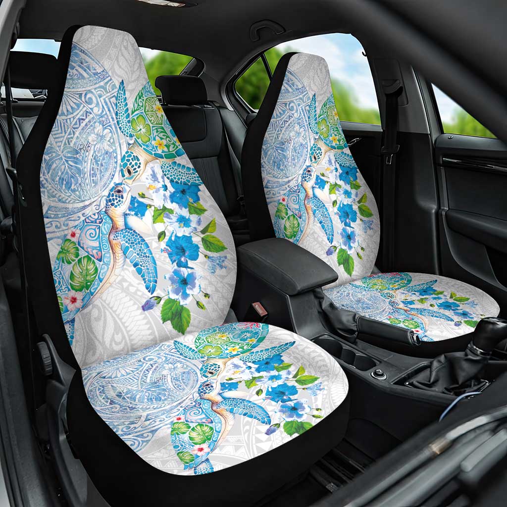 Hawaiian Couple Turtles Honi Car Seat Cover Polynesian Art Motifs and Hibiscus White Blue Color LT03 One Size White - Polynesian Pride