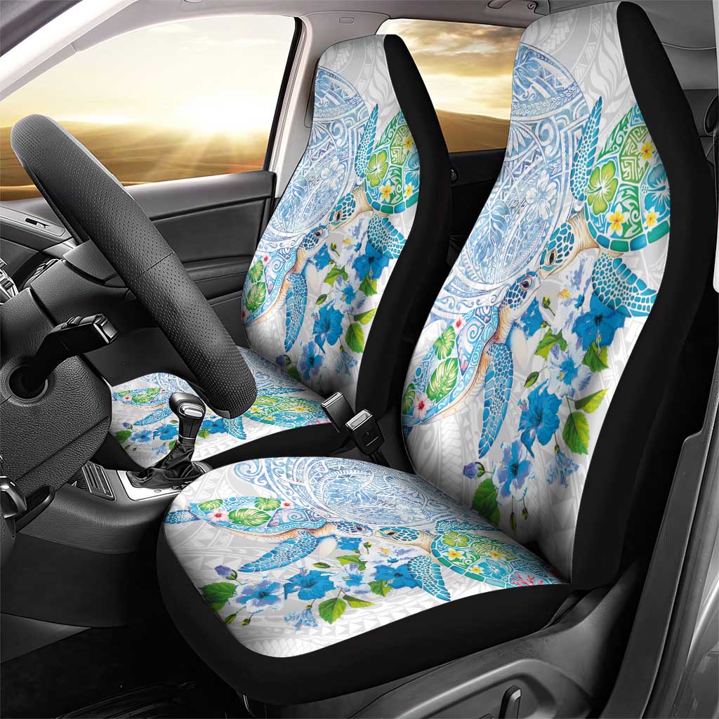 Hawaiian Couple Turtles Honi Car Seat Cover Polynesian Art Motifs and Hibiscus White Blue Color LT03 - Polynesian Pride