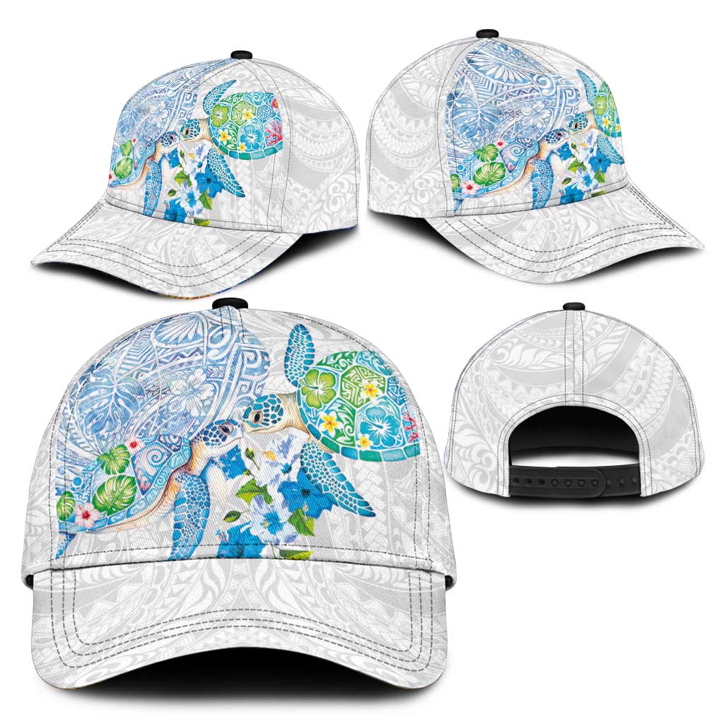 Hawaiian Couple Turtles Honi Classic Cap Polynesian Art Motifs and Hibiscus White Blue Color - Polynesian Pride