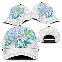 Hawaiian Couple Turtles Honi Classic Cap Polynesian Art Motifs and Hibiscus White Blue Color - Polynesian Pride