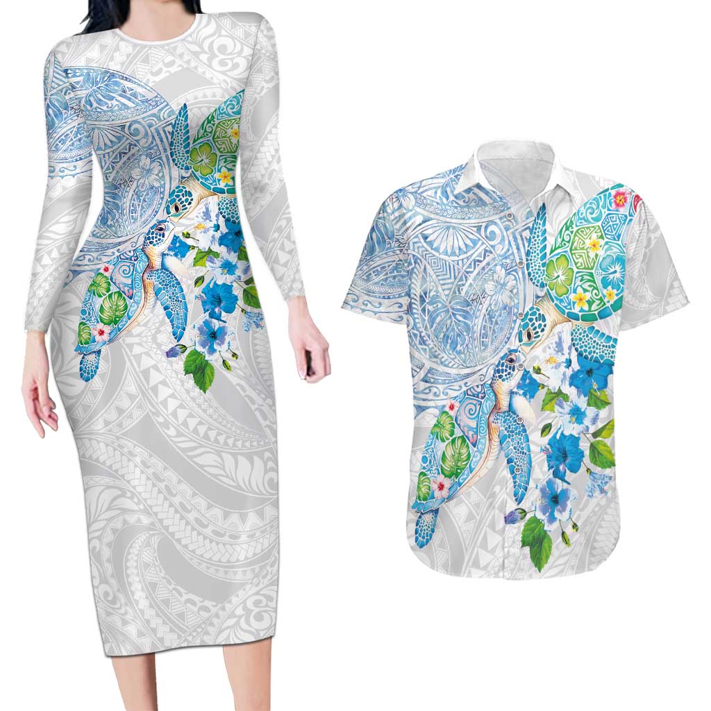 Hawaiian Couple Turtles Honi Couples Matching Long Sleeve Bodycon Dress and Hawaiian Shirt Polynesian Art Motifs and Hibiscus White Blue Color LT03 White - Polynesian Pride