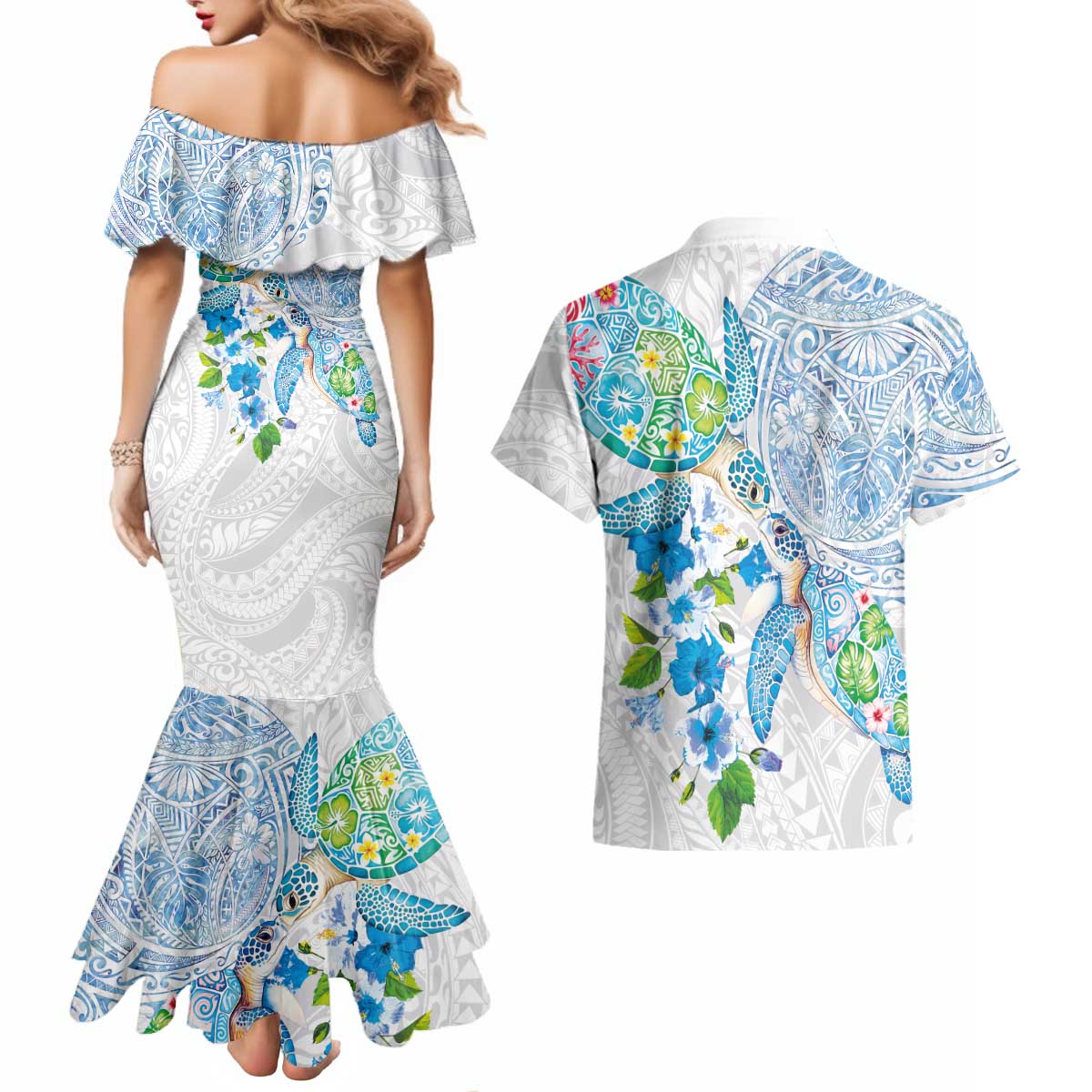 Hawaiian Couple Turtles Honi Couples Matching Mermaid Dress and Hawaiian Shirt Polynesian Art Motifs and Hibiscus White Blue Color LT03 - Polynesian Pride