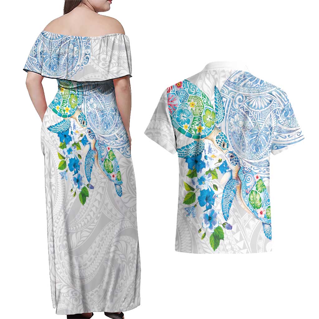 Hawaiian Couple Turtles Honi Couples Matching Off Shoulder Maxi Dress and Hawaiian Shirt Polynesian Art Motifs and Hibiscus White Blue Color LT03 - Polynesian Pride