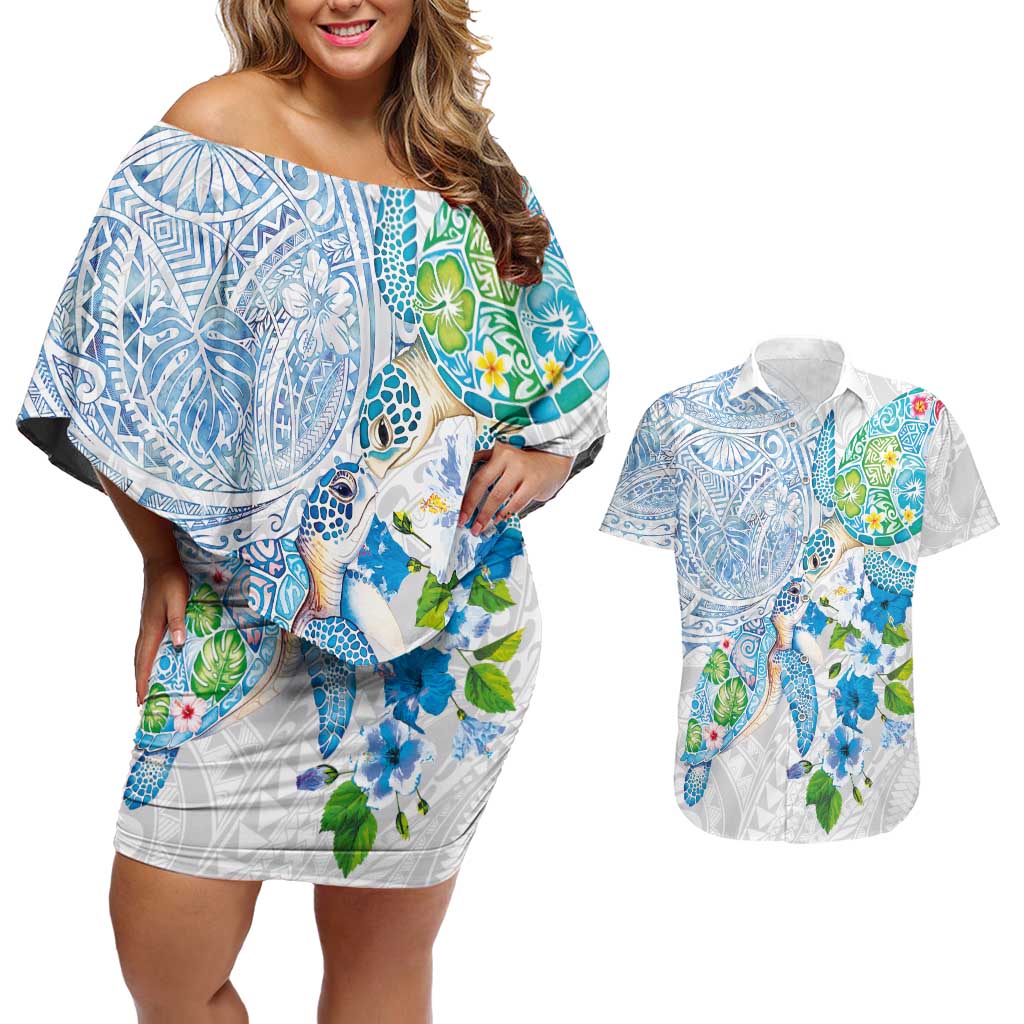 Hawaiian Couple Turtles Honi Couples Matching Off Shoulder Short Dress and Hawaiian Shirt Polynesian Art Motifs and Hibiscus White Blue Color LT03 White - Polynesian Pride