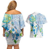 Hawaiian Couple Turtles Honi Couples Matching Off Shoulder Short Dress and Hawaiian Shirt Polynesian Art Motifs and Hibiscus White Blue Color LT03 - Polynesian Pride